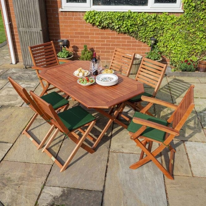 Plumley Six Seater Dining Set Green Cushions