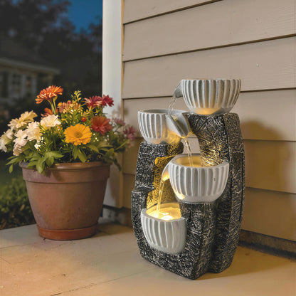 Outsunny 4-Tier Bowl Water Feature, Indoor Outdoor Garden Water Fountain with Pump and LED Lights, Resin Cascading Waterfall