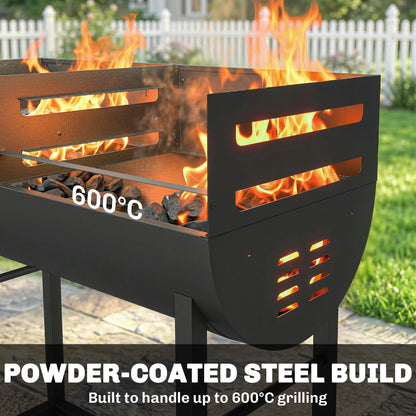 Outsunny Charcoal Barbecue Grill with 2 Cooking Areas, Portable BBQ Trolley with Wheels, Height Adjustable Grates, Bottom Shelf