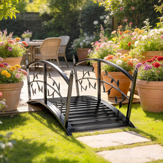 Outsunny 1.2M Metal Garden Bridge with Safety Railings, Outdoor Pond Bridge, Arch Decorative Footbridge for Creek Stream