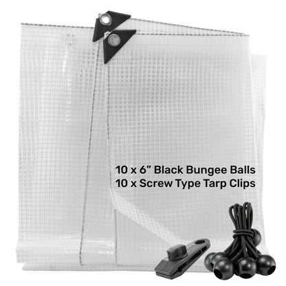 Clear M-Grade Tarpaulin with 10 x 6" Bungee Balls (Black) and 10 x Screw Type Tarp Clips - Best4Trade-Retail Tarpaulins