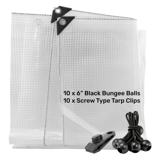 Clear M-Grade Tarpaulin with 10 x 6" Bungee Balls (Black) and 10 x Screw Type Tarp Clips - Best4Trade-Retail Tarpaulins