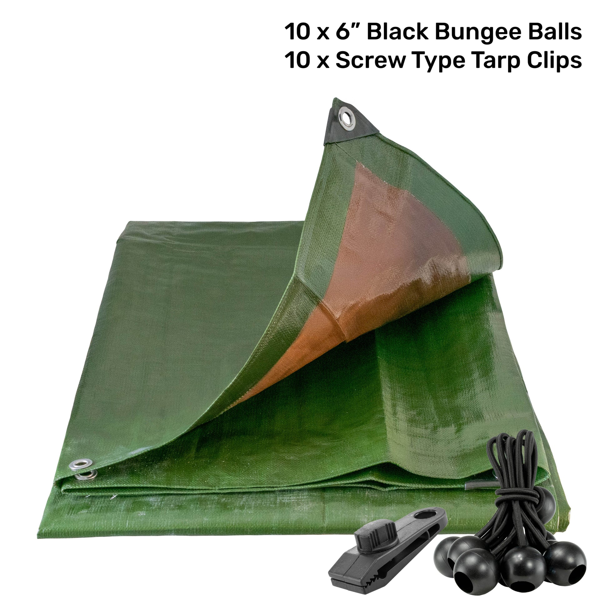Green/Brown L-Grade Tarpaulin with 10 x 6" Bungee Balls (Black) and 10 x Screw Type Tarp Clips - Best4Trade-Retail Tarpaulins