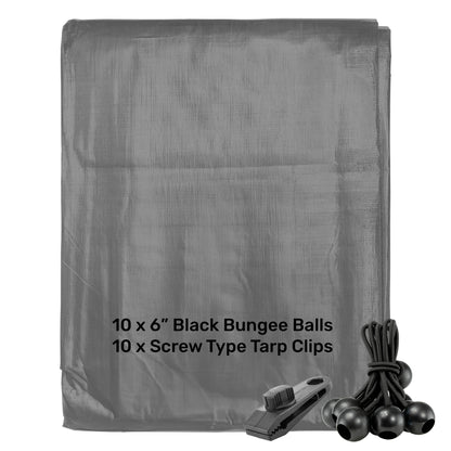 Grey L-Grade Tarpaulin with 10 x 6" Bungee Balls (Black) and 10 x Screw Type Tarp Clips - Best4Trade-Retail Tarpaulins