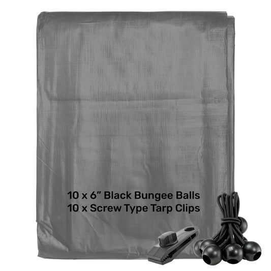 Grey L-Grade Tarpaulin with 10 x 6" Bungee Balls (Black) and 10 x Screw Type Tarp Clips - Best4Trade-Retail Tarpaulins