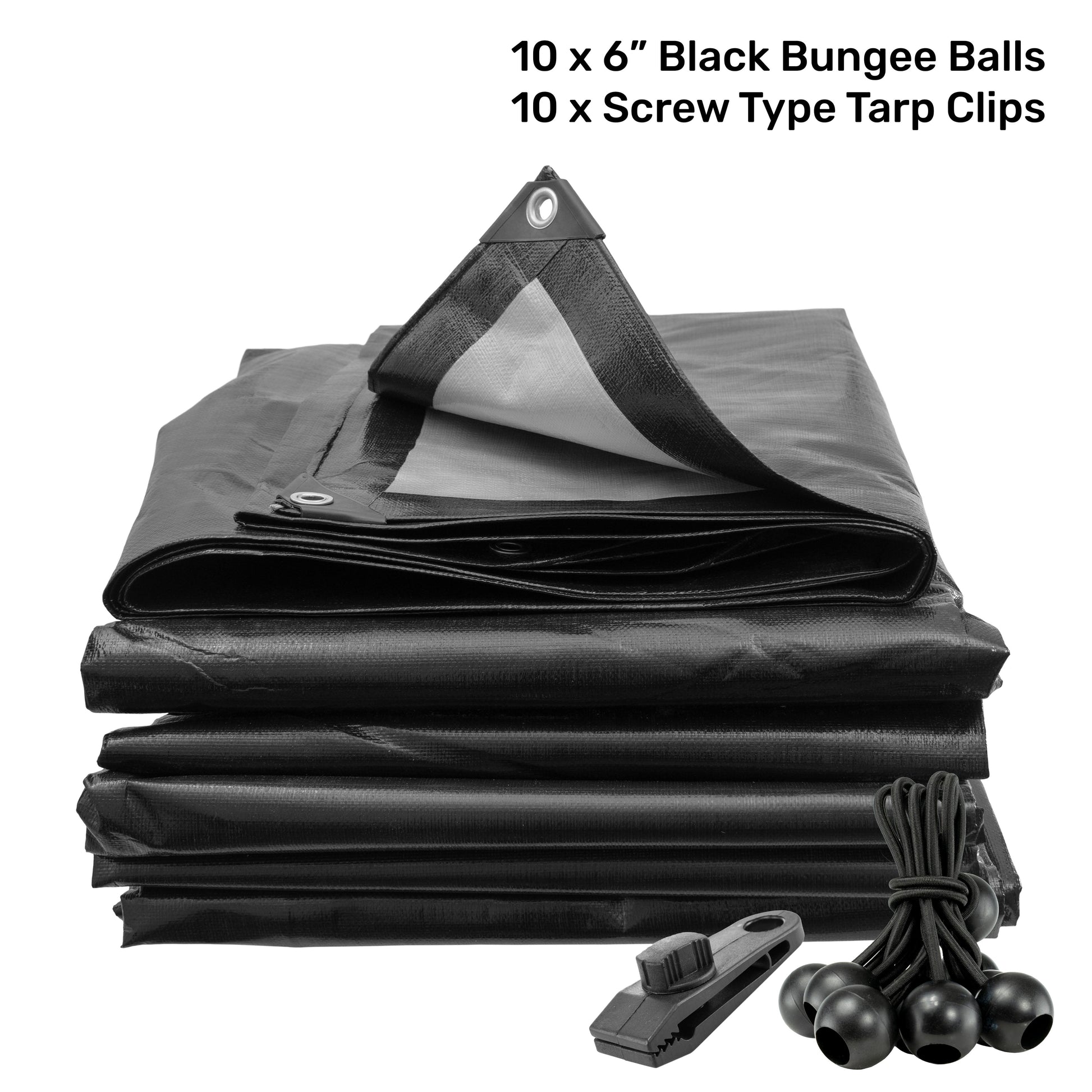 Black/Silver L-Grade Tarpaulin with 10 x 6" Bungee Balls (Black) and 10 x Screw Type Tarp Clips - Best4Trade-Retail Tarpaulins