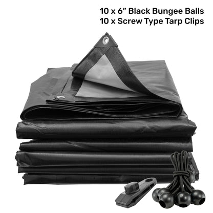 Black/Silver L-Grade Tarpaulin with 10 x 6" Bungee Balls (Black) and 10 x Screw Type Tarp Clips - Best4Trade-Retail Tarpaulins
