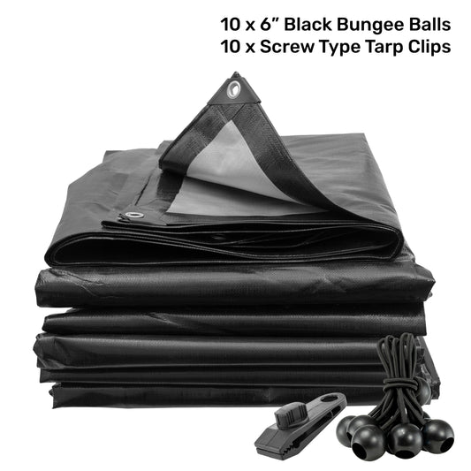 Black/Silver L-Grade Tarpaulin with 10 x 6" Bungee Balls (Black) and 10 x Screw Type Tarp Clips - Best4Trade-Retail Tarpaulins