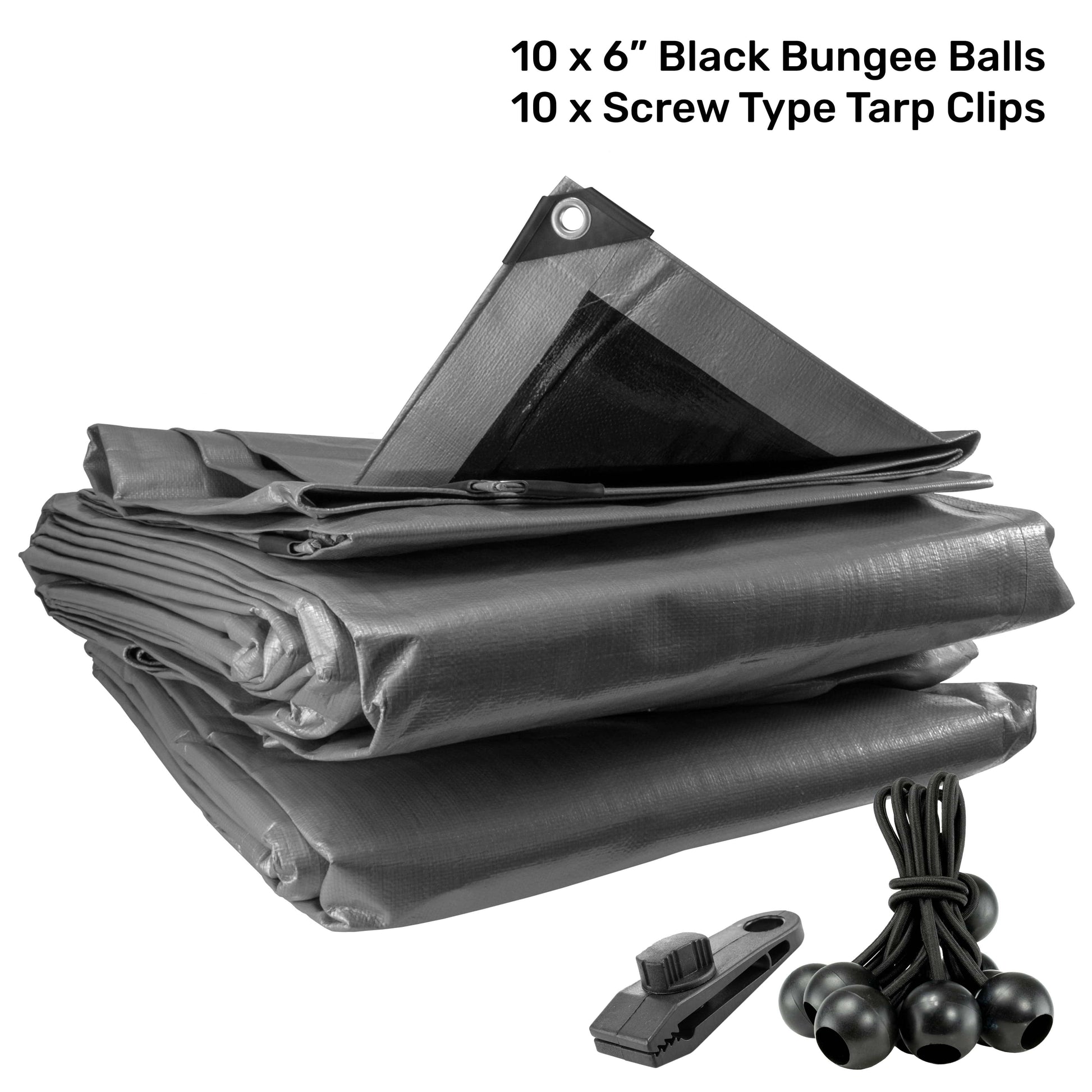 Silver XL-Grade Tarpaulin with 10 x 6" Bungee Balls (Black) and 10 x Screw Type Tarp Clips - Best4Trade-Retail Tarpaulins
