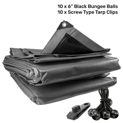 Silver XL-Grade Tarpaulin with 10 x 6" Bungee Balls (Black) and 10 x Screw Type Tarp Clips - Best4Trade-Retail Tarpaulins