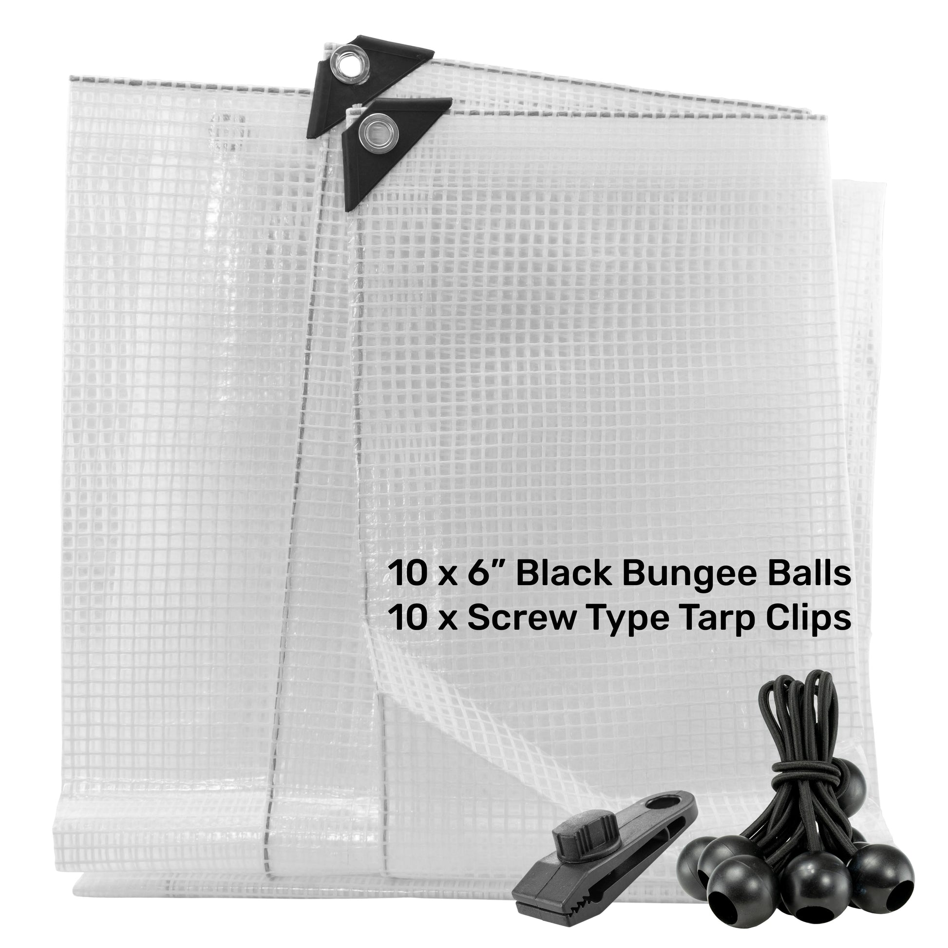 Clear XL-Grade Tarpaulin with 10 x 6" Bungee Balls (Black) and 10 x Screw Type Tarp Clips - Best4Trade-Retail Tarpaulins