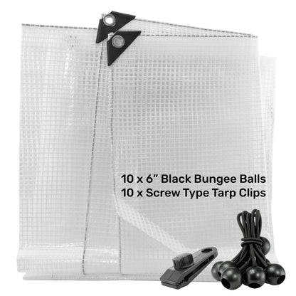 Clear XL-Grade Tarpaulin with 10 x 6" Bungee Balls (Black) and 10 x Screw Type Tarp Clips - Best4Trade-Retail Tarpaulins