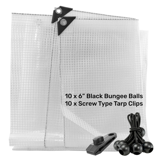 Clear XL-Grade Tarpaulin with 10 x 6" Bungee Balls (Black) and 10 x Screw Type Tarp Clips - Best4Trade-Retail Tarpaulins