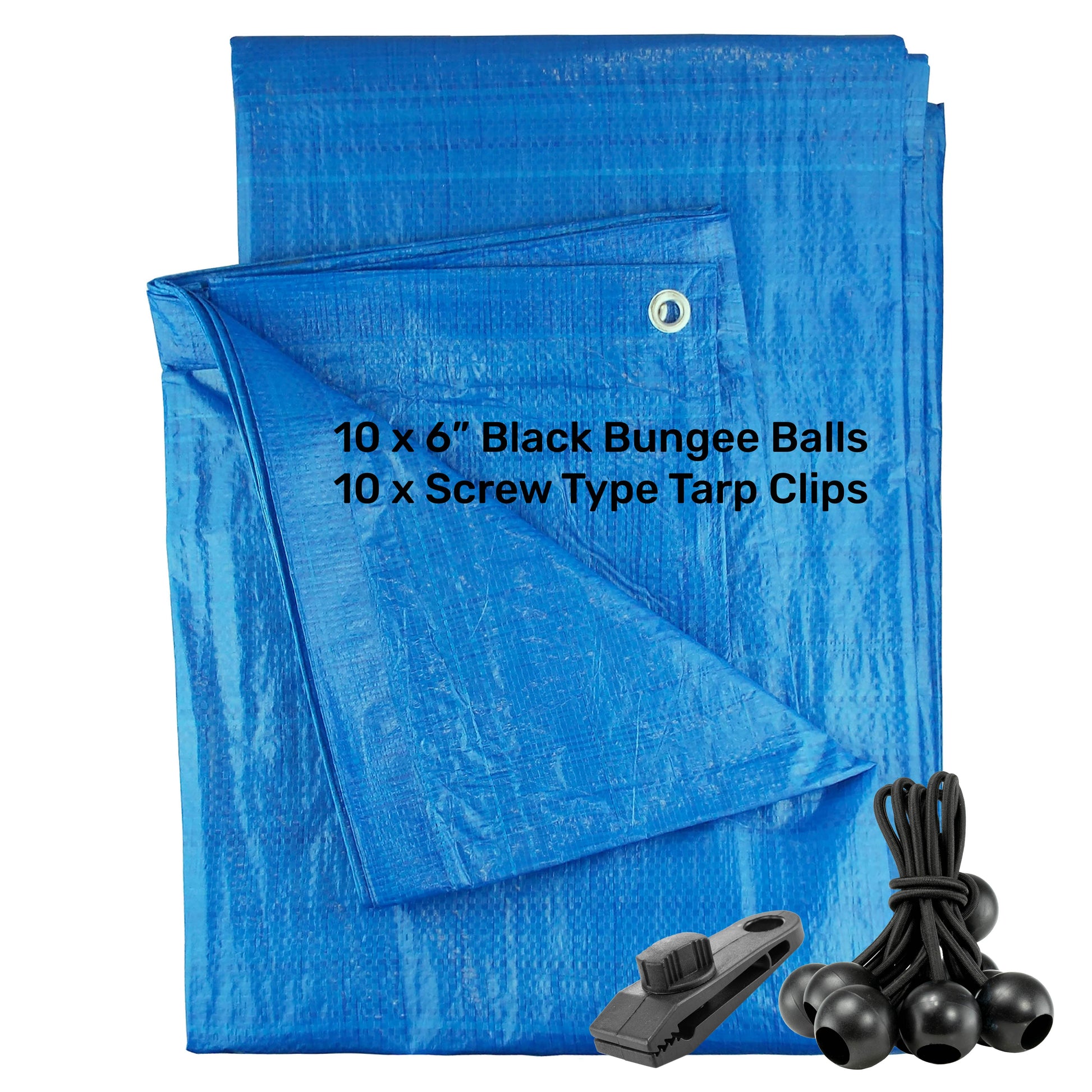 Blue S-Grade Tarpaulin with 10 x 6" Bungee Balls (Black) and 10 x Screw Type Tarp Clips - Best4Trade-Retail Tarpaulins