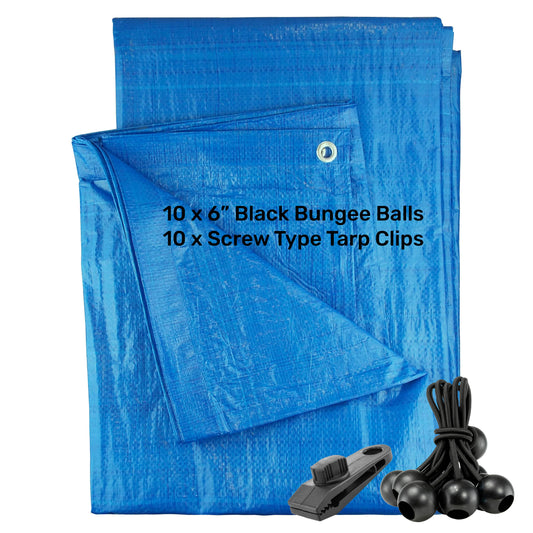 Blue S-Grade Tarpaulin with 10 x 6" Bungee Balls (Black) and 10 x Screw Type Tarp Clips - Best4Trade-Retail Tarpaulins