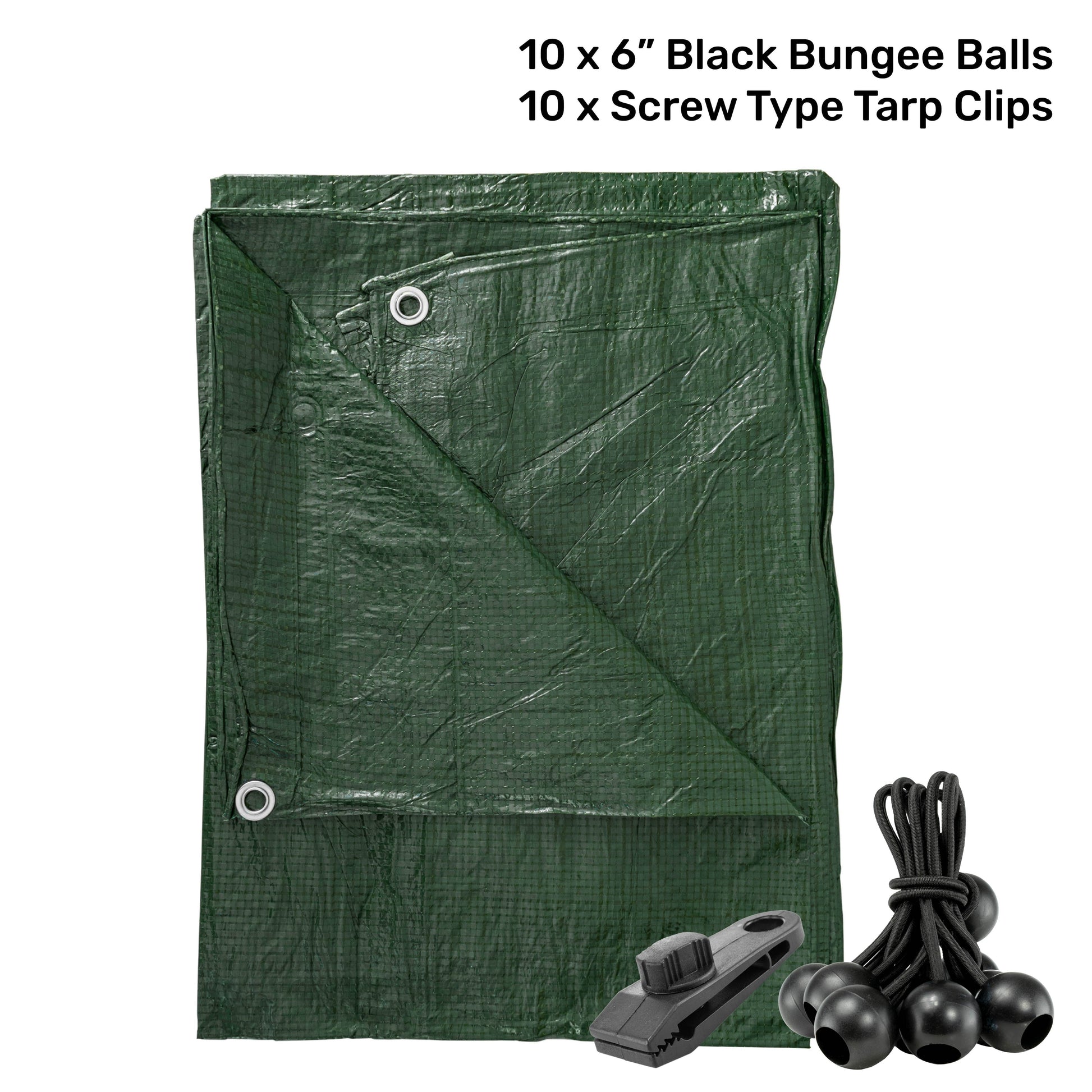 Green S-Grade Tarpaulin with 10 x 6" Bungee Balls (Black) and 10 x Screw Type Tarp Clips - Best4Trade-Retail Tarpaulins