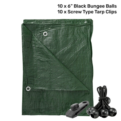 Green S-Grade Tarpaulin with 10 x 6" Bungee Balls (Black) and 10 x Screw Type Tarp Clips - Best4Trade-Retail Tarpaulins