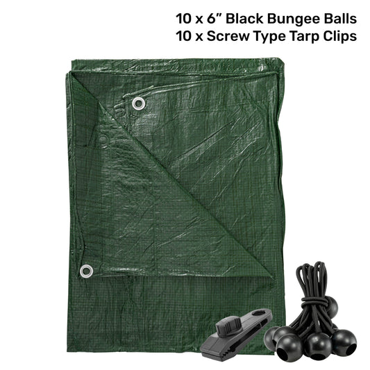 Green S-Grade Tarpaulin with 10 x 6" Bungee Balls (Black) and 10 x Screw Type Tarp Clips - Best4Trade-Retail Tarpaulins