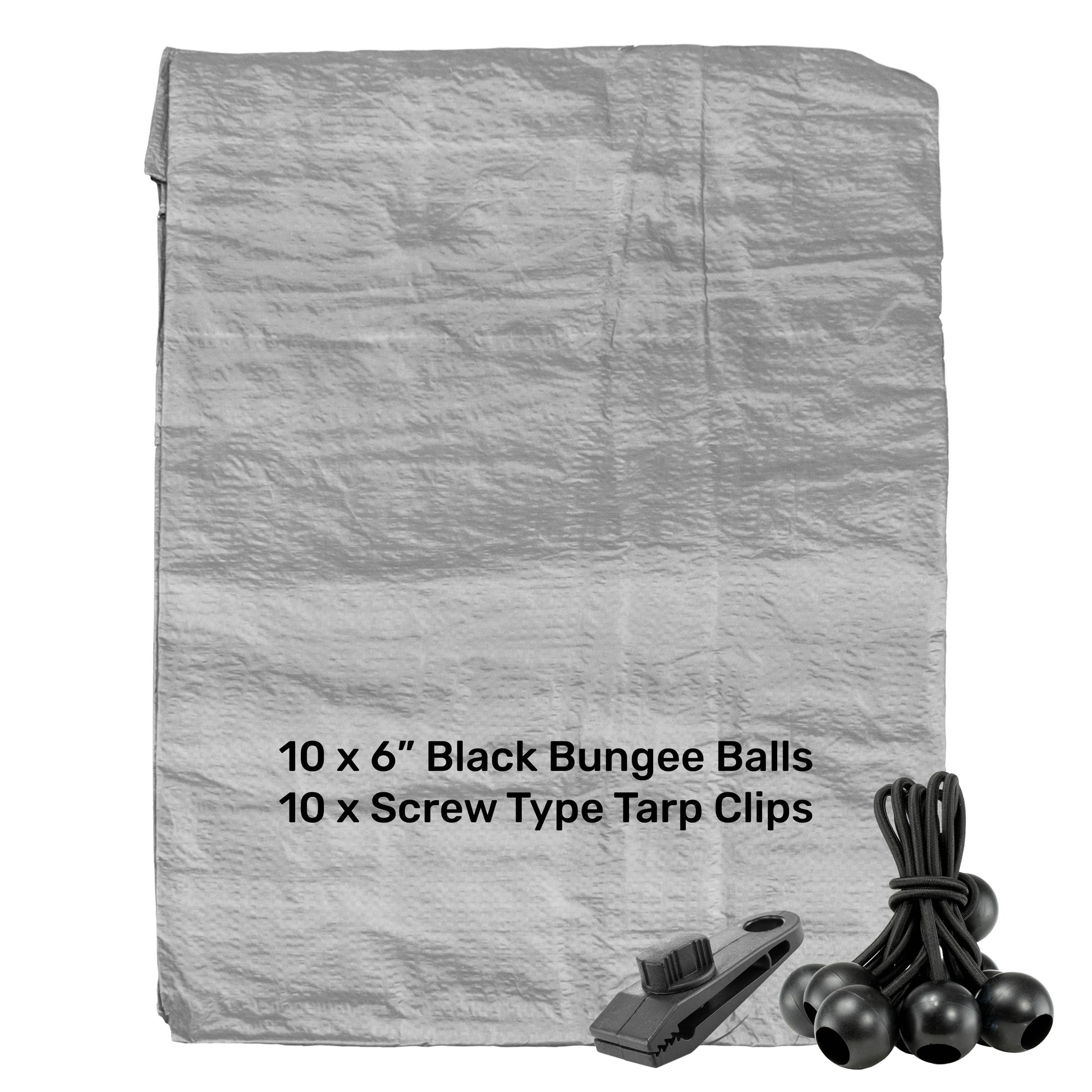 Grey S-Grade Tarpaulin with 10 x 6" Bungee Balls (Black) and 10 x Screw Type Tarp Clips - Best4Trade-Retail Tarpaulins