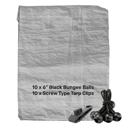Grey S-Grade Tarpaulin with 10 x 6" Bungee Balls (Black) and 10 x Screw Type Tarp Clips - Best4Trade-Retail Tarpaulins