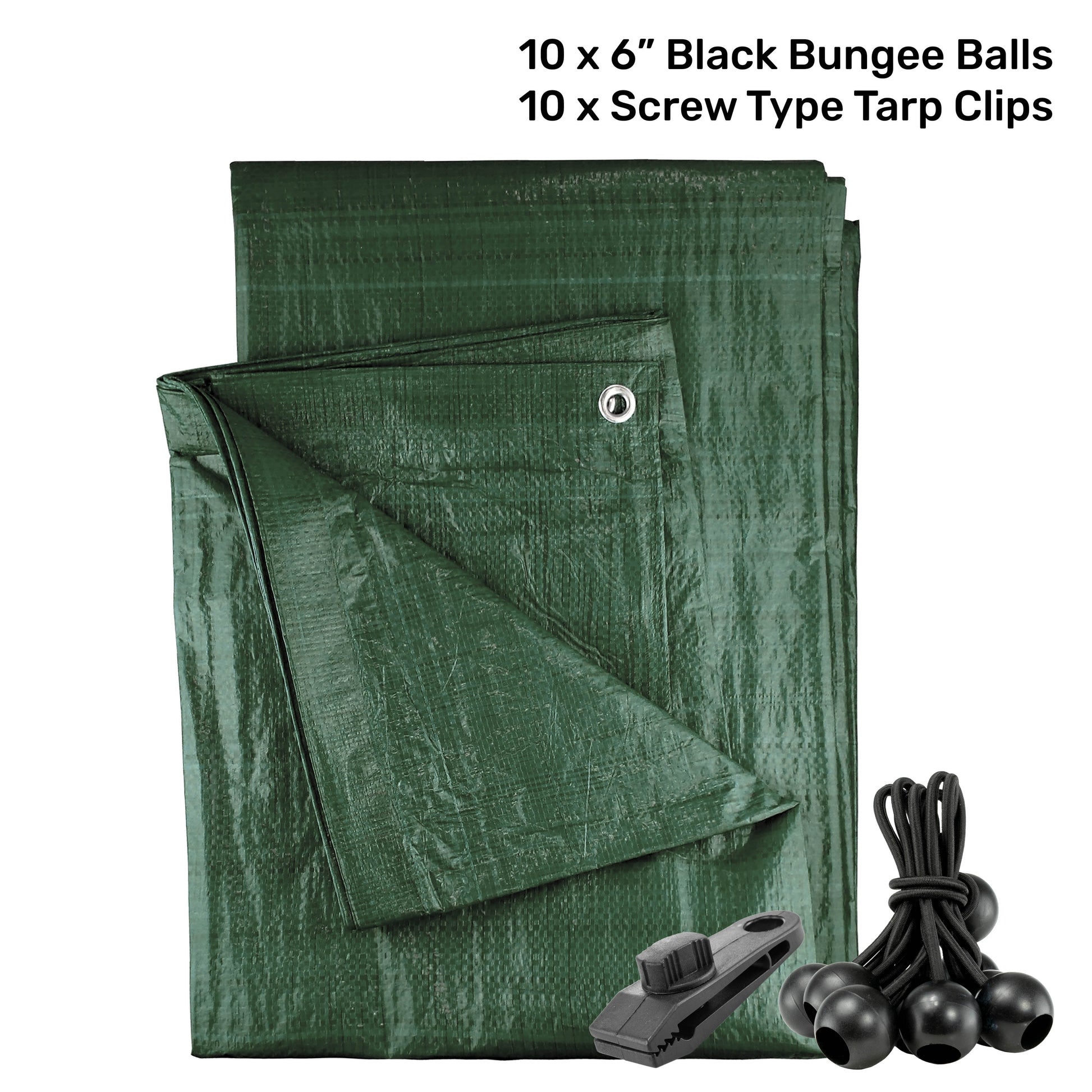Green M-Grade Tarpaulin with 10 x 6" Bungee Balls (Black) and 10 x Screw Type Tarp Clips - Best4Trade-Retail Tarpaulins