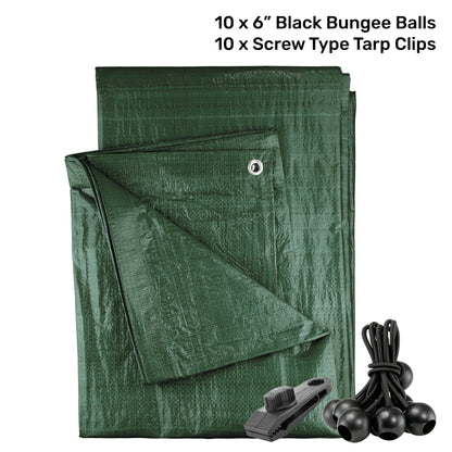 Green M-Grade Tarpaulin with 10 x 6" Bungee Balls (Black) and 10 x Screw Type Tarp Clips - Best4Trade-Retail Tarpaulins