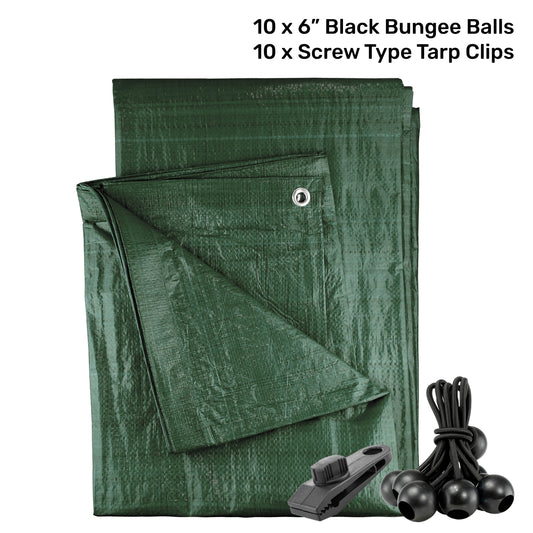 Green M-Grade Tarpaulin with 10 x 6" Bungee Balls (Black) and 10 x Screw Type Tarp Clips - Best4Trade-Retail Tarpaulins