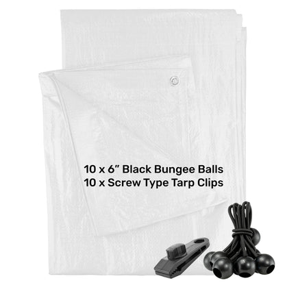 White M-Grade Tarpaulin with 10 x 6" Bungee Balls (Black) and 10 x Screw Type Tarp Clips - Best4Trade-Retail Tarpaulins