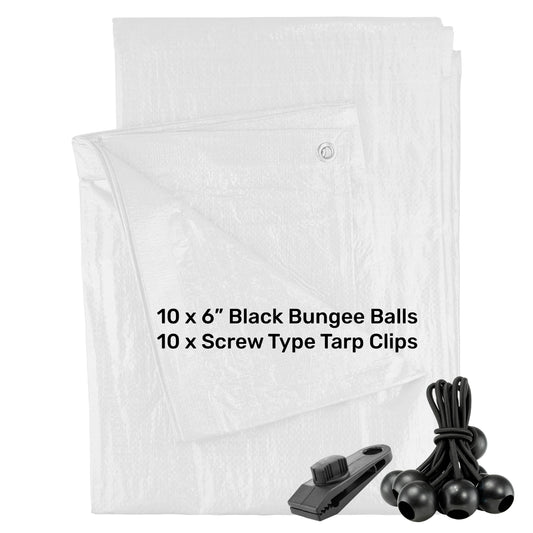 White M-Grade Tarpaulin with 10 x 6" Bungee Balls (Black) and 10 x Screw Type Tarp Clips - Best4Trade-Retail Tarpaulins