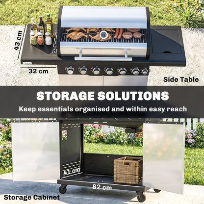 Outsunny 6+1 Burner Gas BBQ Grill, Outdoor Barbecue Trolley with Wheels, Warming Rack, Thermometer, Bottle Opener, Silver Tone
