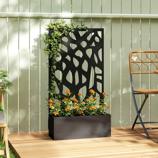 Outsunny Metal Raised Garden Bed with Trellis, Outdoor Planter Box with Privacy Screen, Elevated Garden Box for Climbing Plants