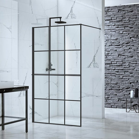 Velar+ Crittal Walk-In Panel w/ Matt Black Towel Rail and Stabilising Bar - Aquaglass Bathrooms
