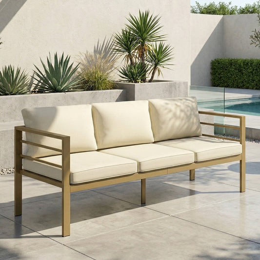 Outsunny Garden Bench with Cushions, 3-Seater Sofa with Backrest, Armrest and Back Cushions, 185 x 66 x 64cm, Cream White