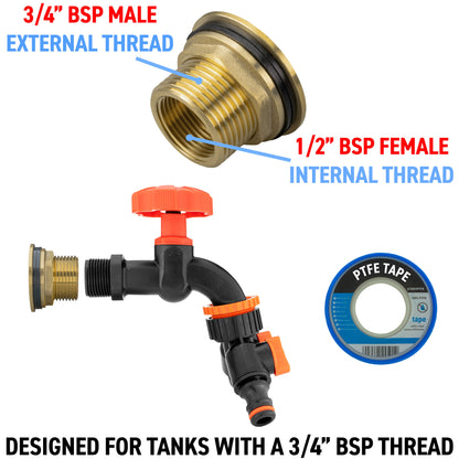 Water Butt Brass Kit 3/4" with Black Dial Tap + Two-Way Splitter and Drill Bit - Best4Trade-Retail Tech Hose & Fittings