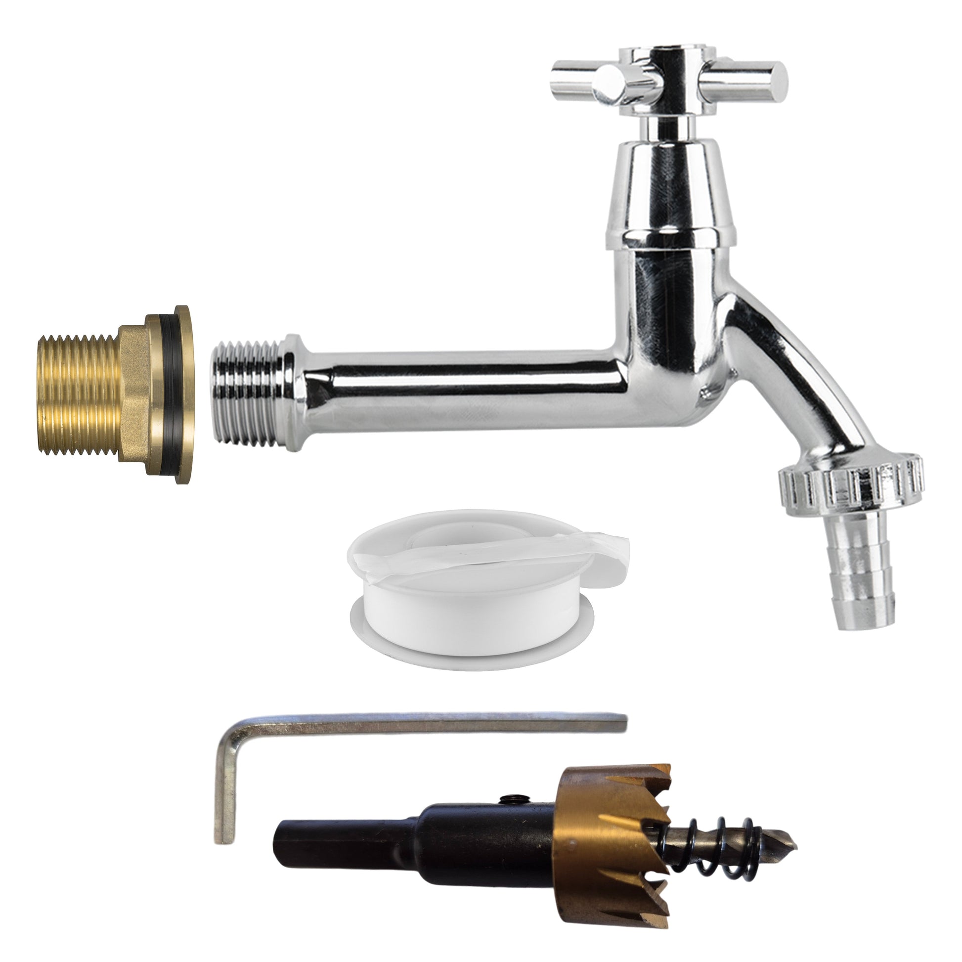 Water Butt Brass Kit 3/4" with Extended Brass Chrome Tap ½” Barb and Drill Bit - Best4Trade-Retail Garden watering