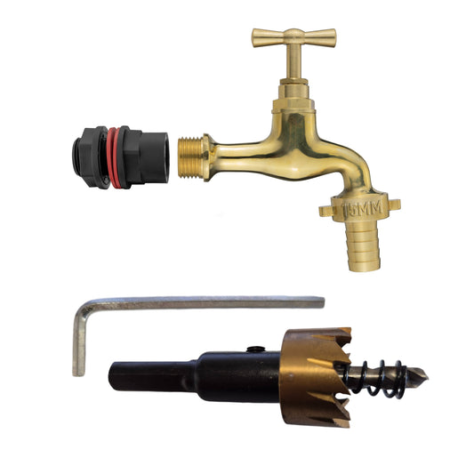 Water Butts Kit 1/2" With Polish Brass Tap 15mm Outlet and Drill Bit - Best4Trade-Retail Tech Hose & Fittings