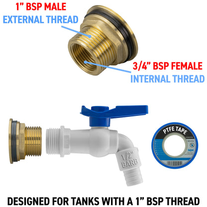 Water Butt Brass Kit 1" with White PVC Tap - Best4Trade-Retail Tech Hose & Fittings