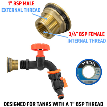 Water Butt Brass Kit 1" with Black Dial Tap + Two-Way Splitter - Best4Trade-Retail Tech Hose & Fittings