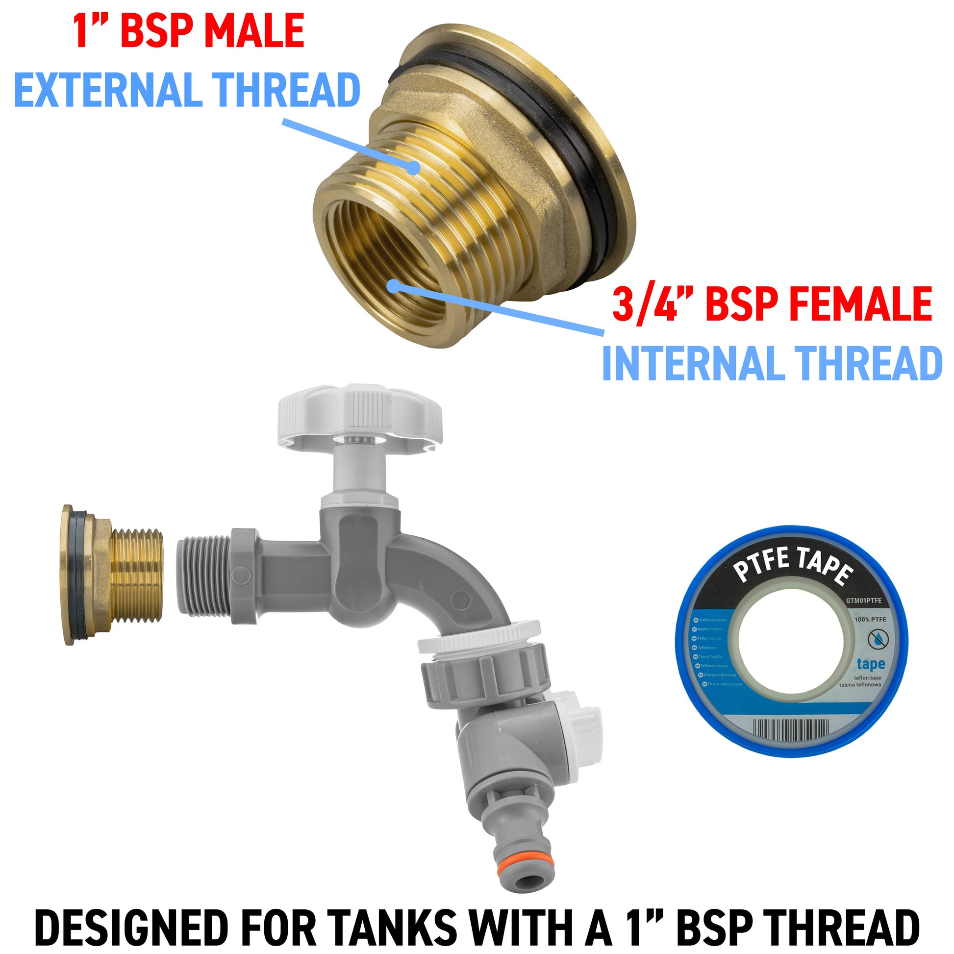 Water Butt Brass Kit 1" with Grey Dial Tap + Two-Way Splitter - Best4Trade-Retail Tech Hose & Fittings