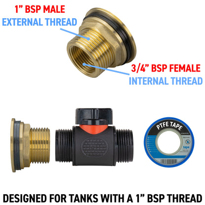 Water Butt Brass Kit 1" with 3/4" BSP In-Line Valve - Best4Trade-Retail Tech Hose & Fittings