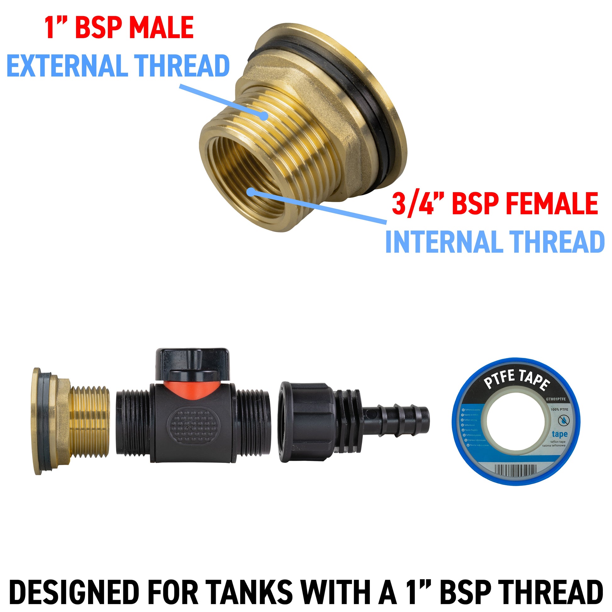 Water Butt Brass Kit 1" with In-Line Valve + 16mm Barb and Drill Bit - Best4Trade-Retail Tech Hose & Fittings