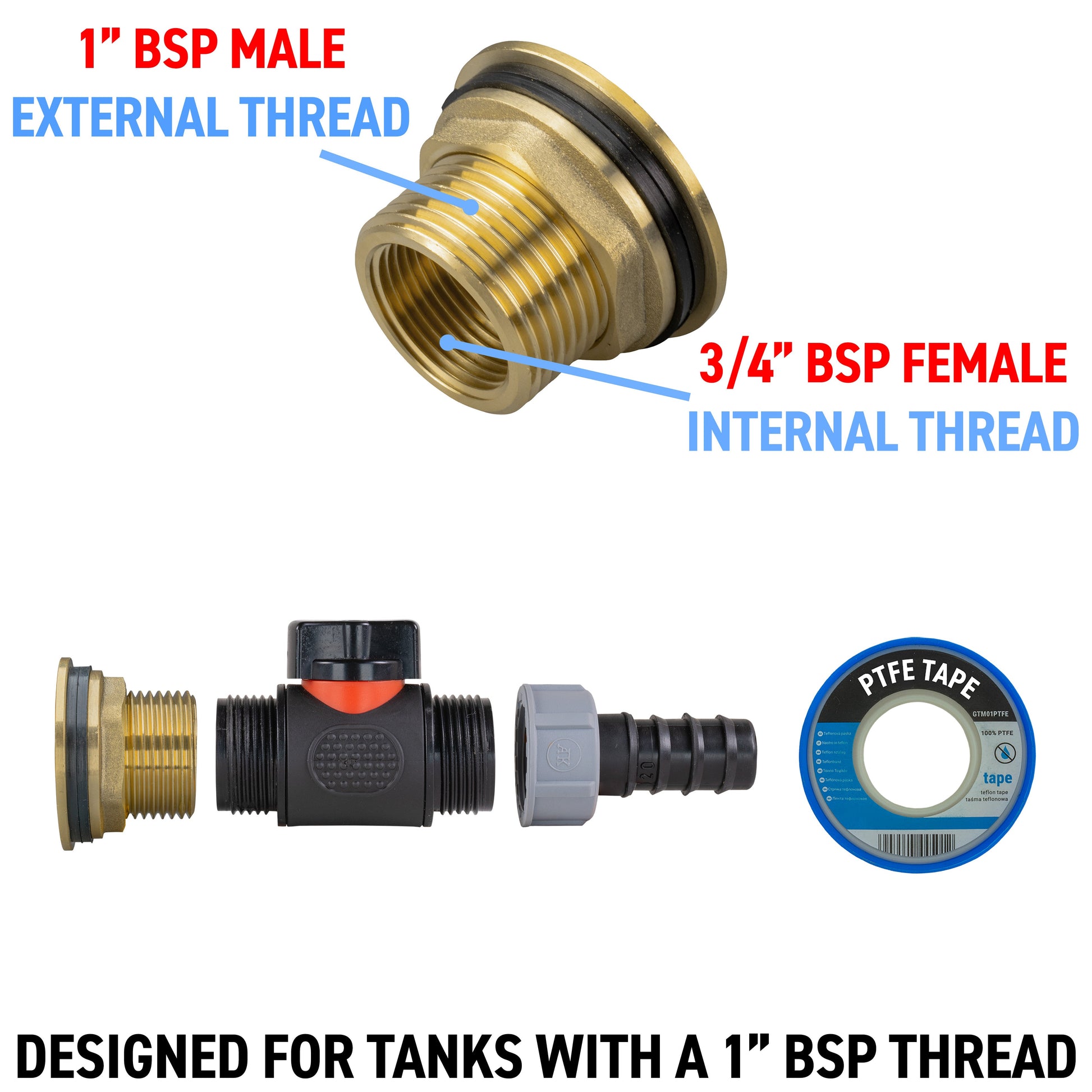 Water Butt Brass Kit 1" with In-Line Valve + 20mm Barb - Best4Trade-Retail Tech Hose & Fittings