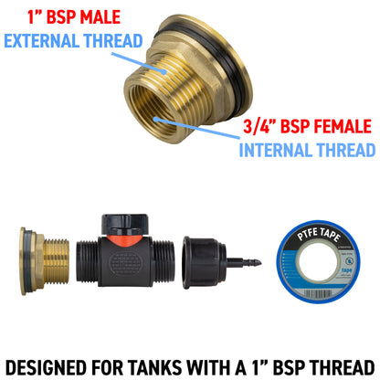 Water Butt Brass Kit 1" with In-Line Valve + 4mm Barb and Drill Bit - Best4Trade-Retail Tech Hose & Fittings