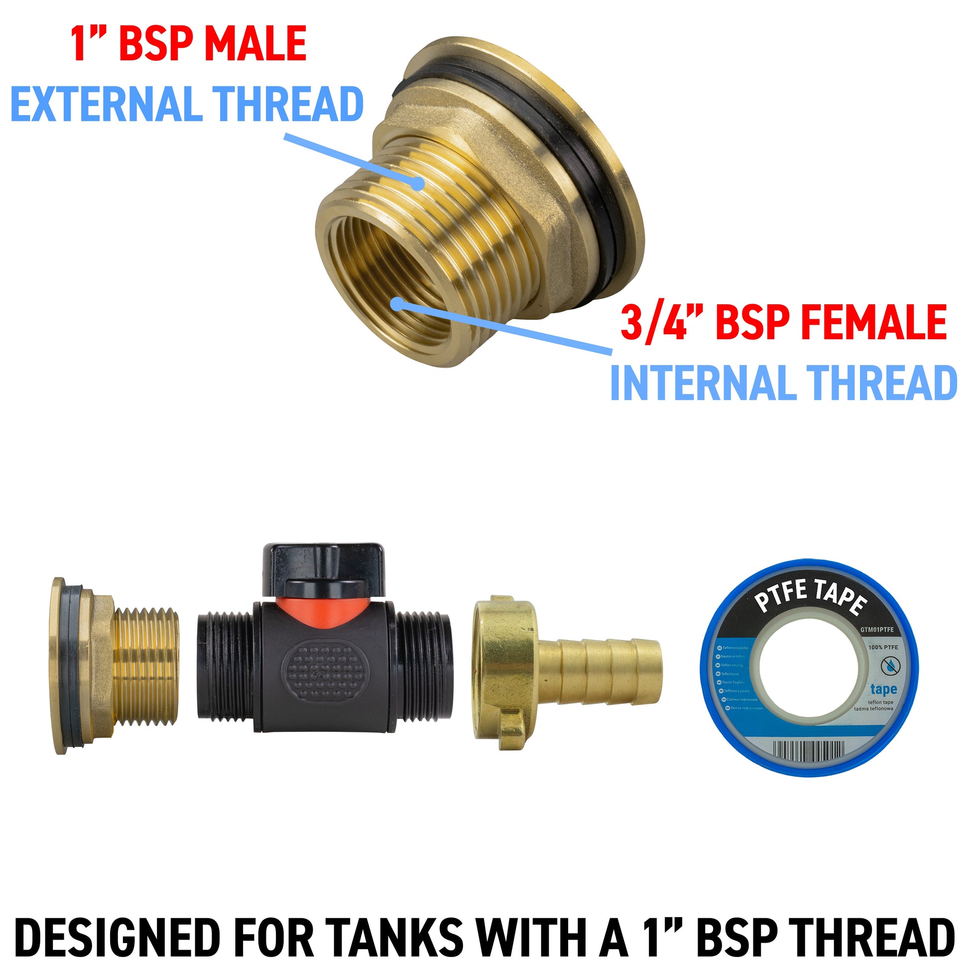 Water Butt Brass Kit 1" with In-Line Valve + 1/2" Brass Barb and Drill Bit - Best4Trade-Retail Tech Hose & Fittings