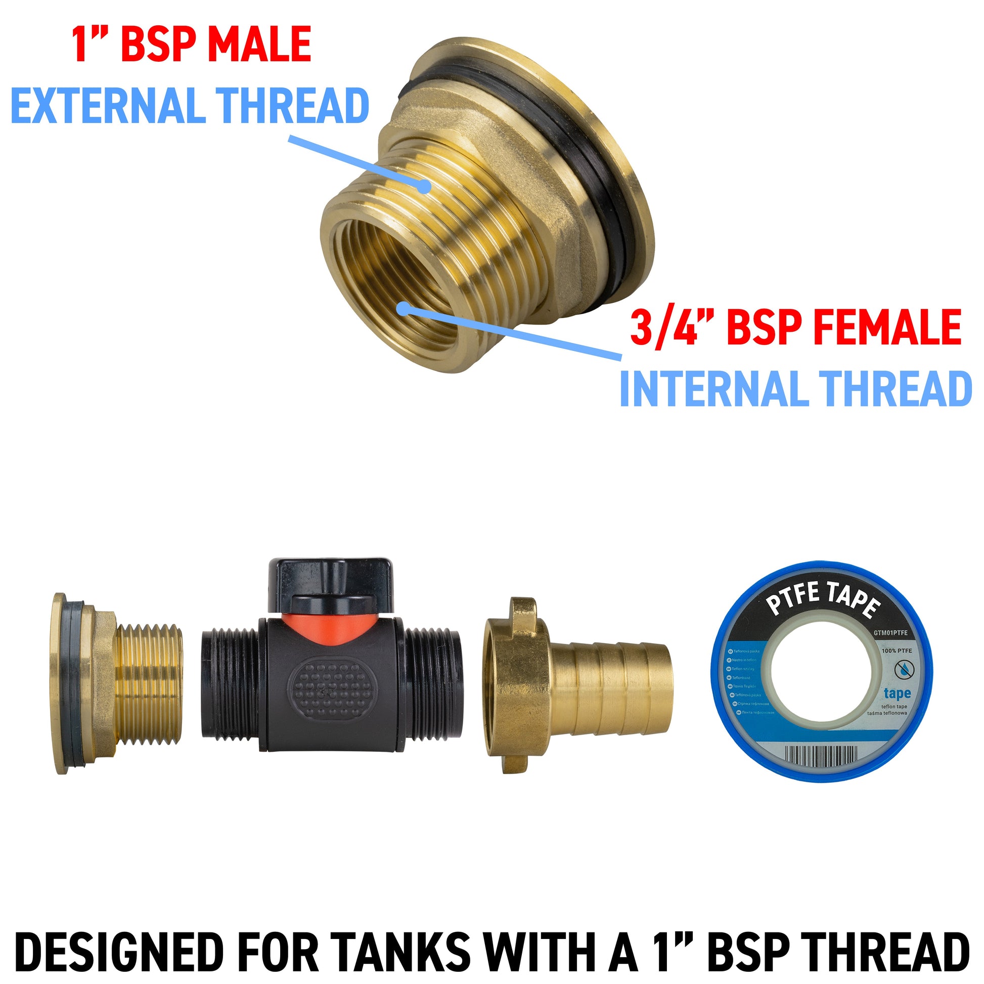 Water Butt Brass Kit 1" with In-Line Valve + 3/4" Brass Barb and Drill Bit - Best4Trade-Retail Tech Hose & Fittings