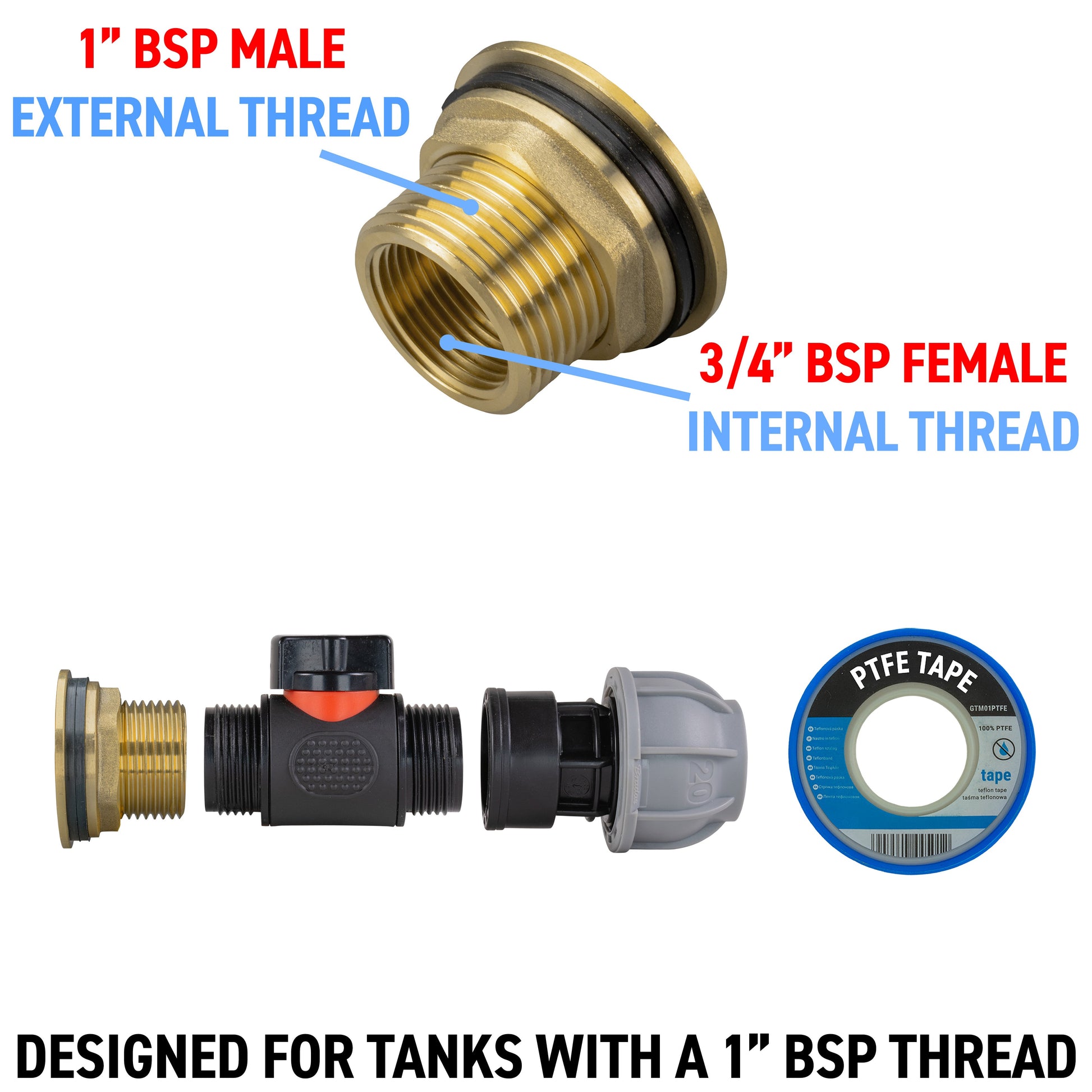 Water Butt Brass Kit 1" with In-Line Valve + 20mm MDPE - Best4Trade-Retail Tech Hose & Fittings