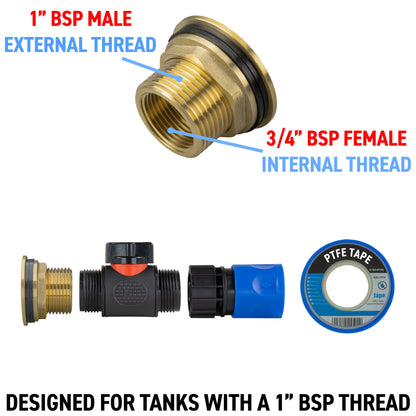 Water Butt Brass Kit 1" with In-Line Valve + Female Quick Connector Blue - Best4Trade-Retail Tech Hose & Fittings