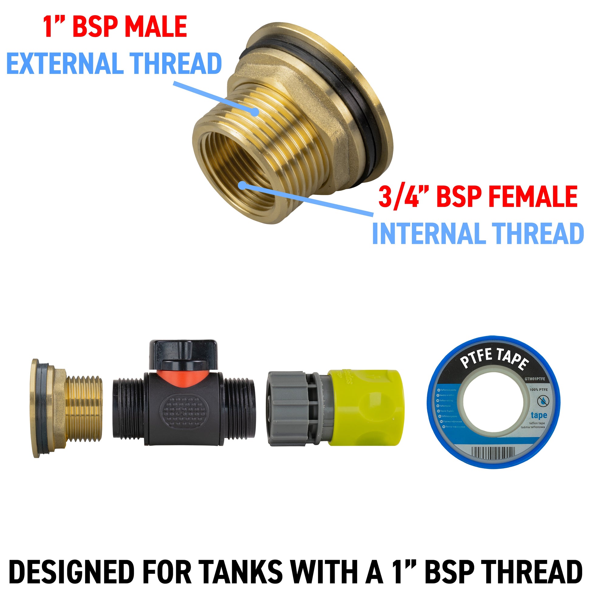 Water Butt Brass Kit 1" with In-Line Valve + Female Quick Connector Lime and Drill Bit - Best4Trade-Retail Tech Hose & Fittings