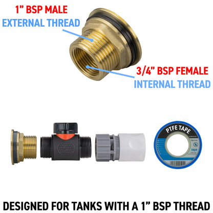 Water Butt Brass Kit 1" with In-Line Valve + Female Quick Connector WL and Drill Bit - Best4Trade-Retail Tech Hose & Fittings