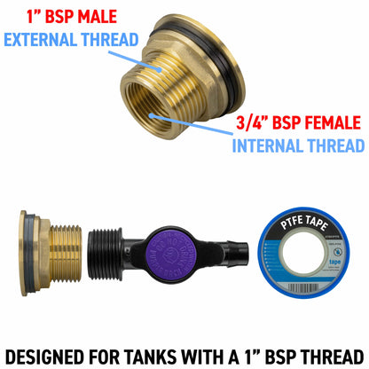 Water Butt Brass Kit 1" with 13mm Barb Irrigation Valve - Best4Trade-Retail Tech Hose & Fittings